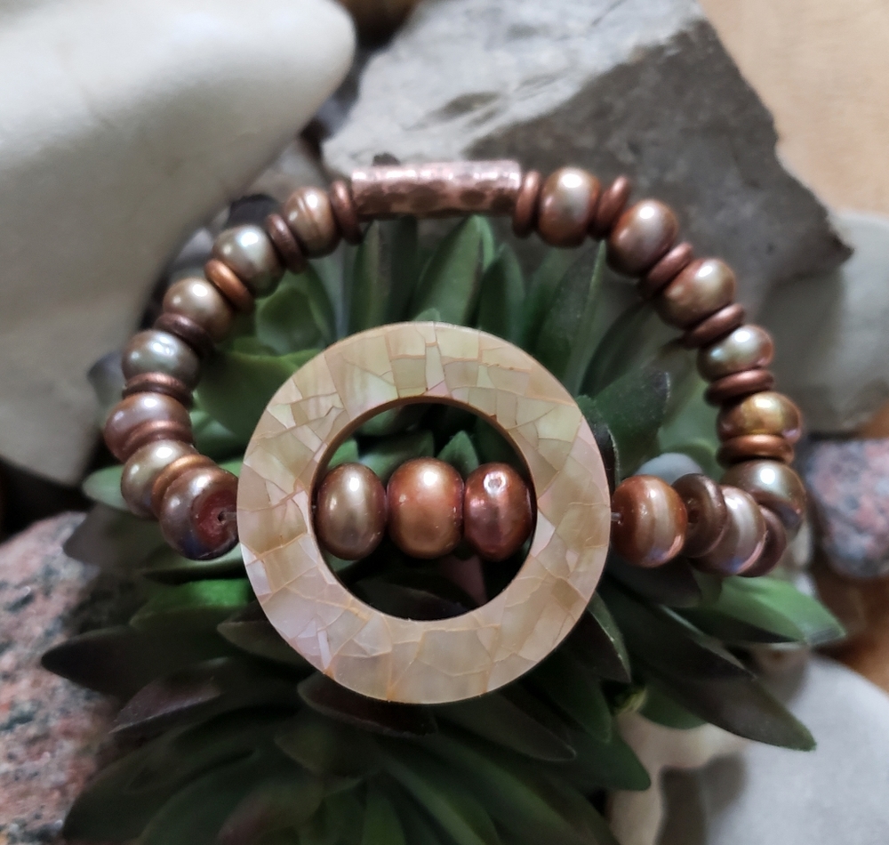 Artisan Pearl and Hammered Copper Bracelet